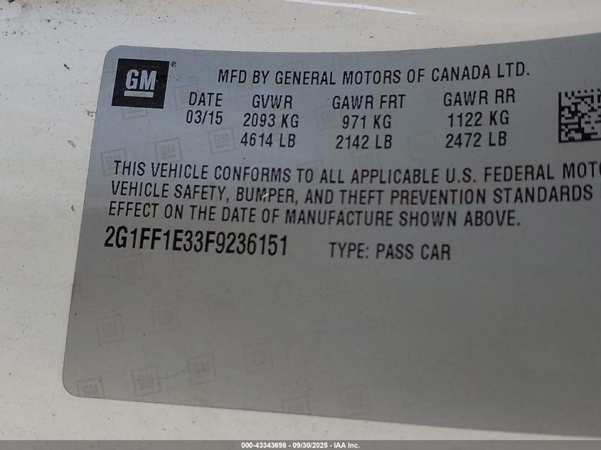 2015 Chevrolet Camaro 2Lt VIN: 2G1FF1E33F9236151 Lot: 43343698