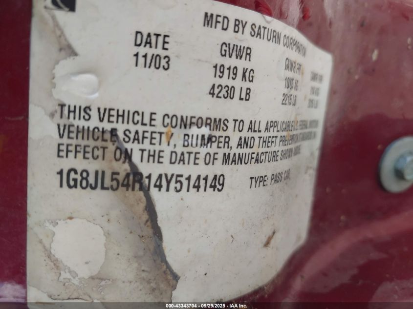 2004 Saturn L300 3 VIN: 1G8JL54R14Y514149 Lot: 43343704