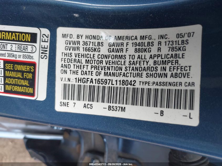 2007 Honda Civic Lx VIN: 1HGFA16597L118042 Lot: 43343713