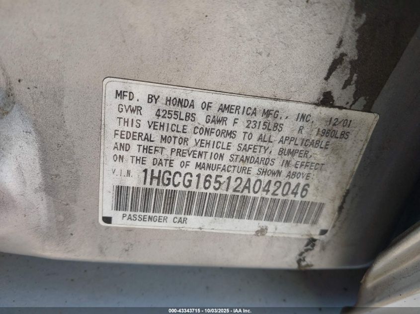 2002 Honda Accord 3.0 Ex VIN: 1HGCG16512A042046 Lot: 43343715