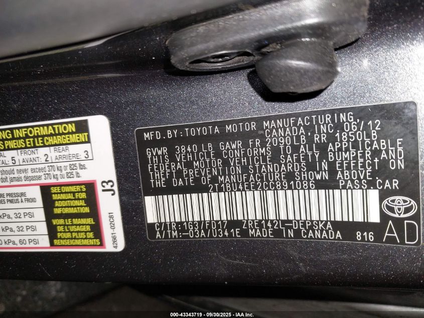 2012 Toyota Corolla S VIN: 2T1BU4EE2CC891086 Lot: 43343719