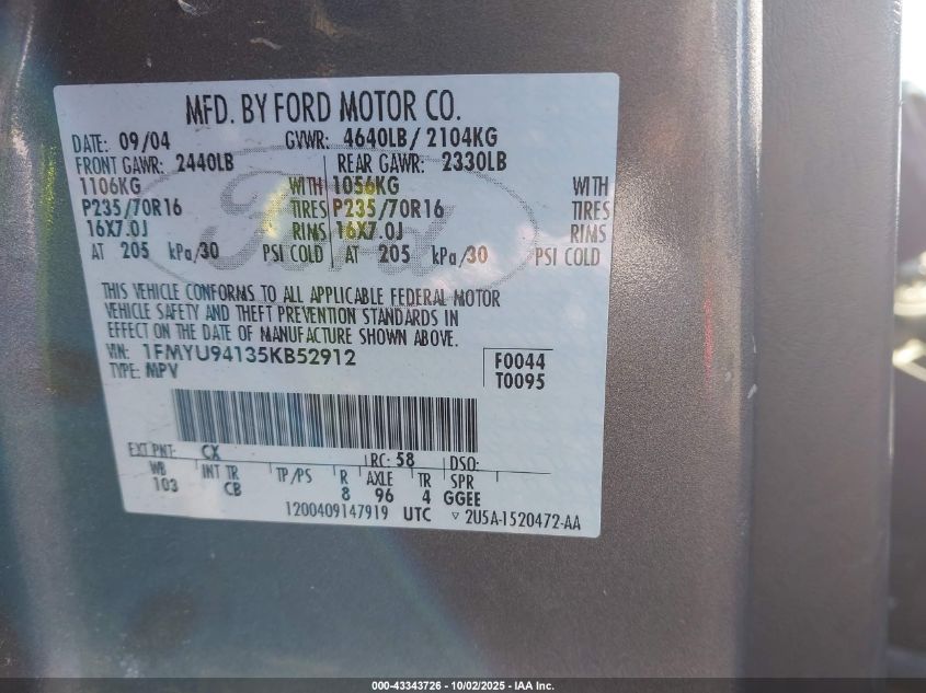 2005 Ford Escape Limited VIN: 1FMYU94135KB52991 Lot: 43343726