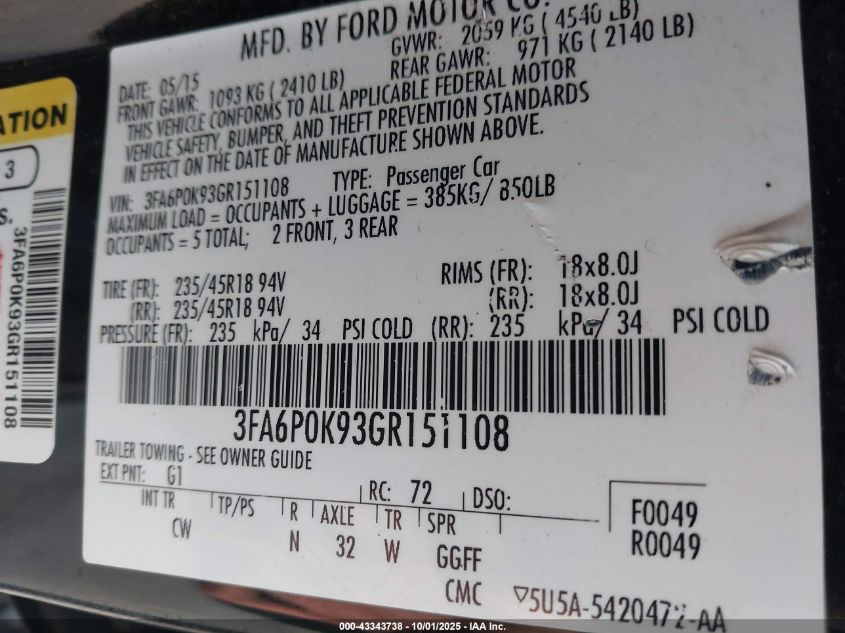 2016 Ford Fusion Titanium VIN: 3FA6P0K93GR151108 Lot: 43343738