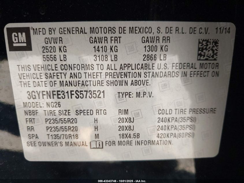 2015 Cadillac Srx Performance Collection VIN: 3GYFNFE31FS573521 Lot: 43343746