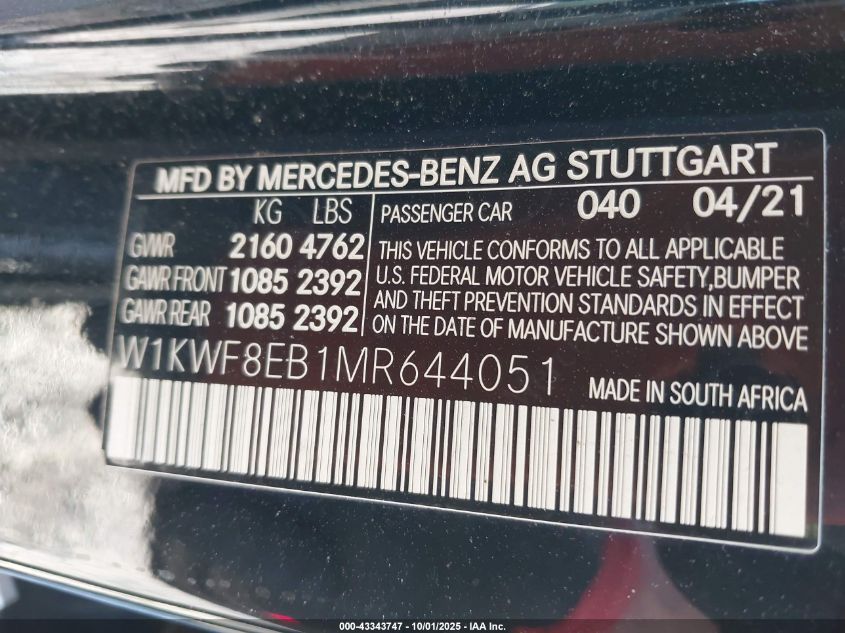 2021 Mercedes-Benz C 300 4Matic VIN: W1KWF8EB1MR644051 Lot: 43343747