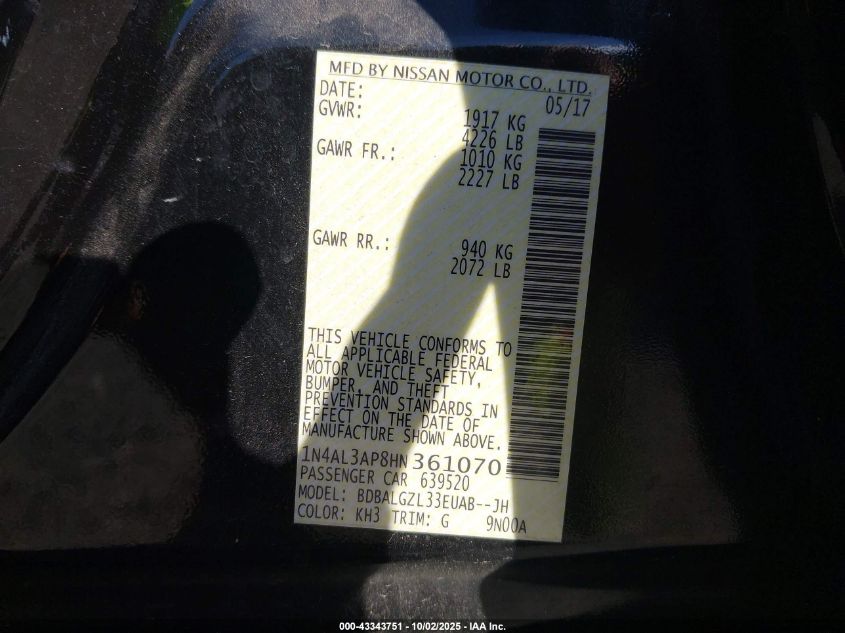 2017 Nissan Altima 2.5 S VIN: 1N4AL3AP8HN361070 Lot: 43343751