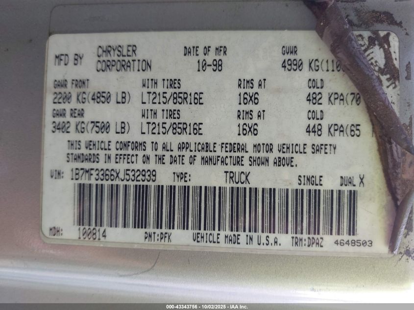 2001 Dodge Ram 3500 St VIN: 1B7MF33641J247759 Lot: 43343756