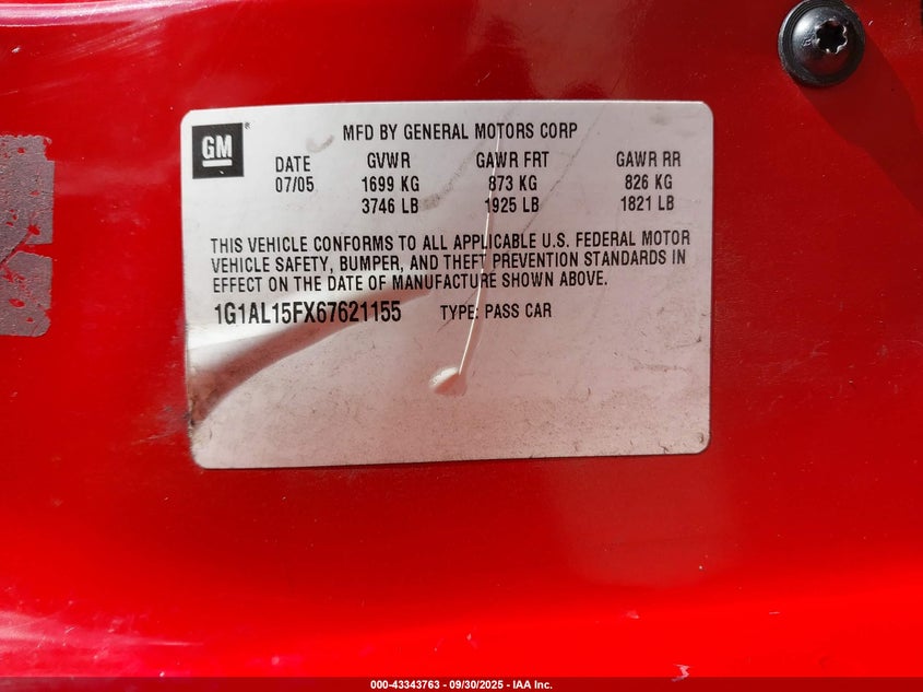 2006 Chevrolet Cobalt Lt VIN: 1G1AL15FX67621155 Lot: 43343763