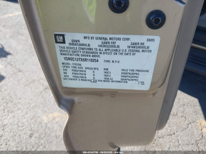 2006 Chevrolet Tahoe Ls VIN: 1GNEC13TX6R118254 Lot: 43343765