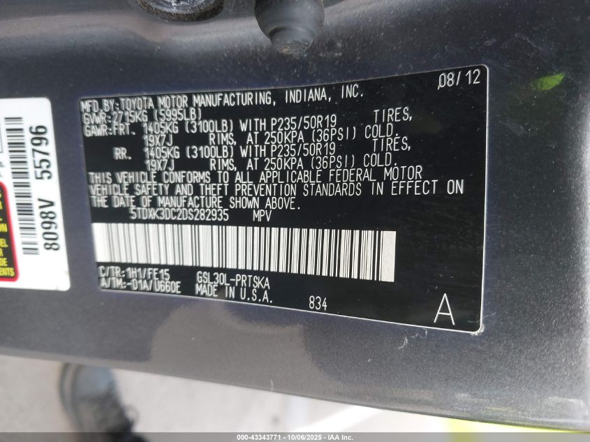 2013 Toyota Sienna Se 8 Passenger VIN: 5TDXK3DC2DS282935 Lot: 43343771