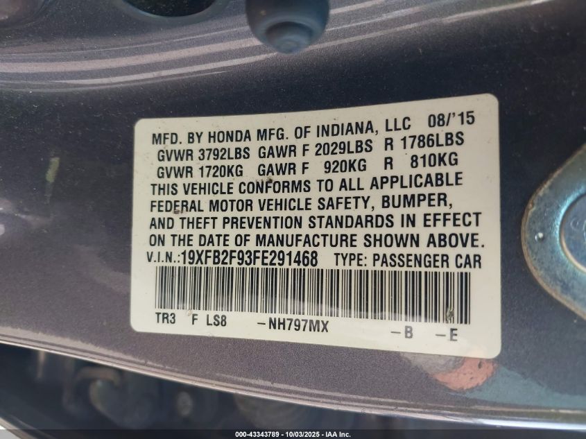 2015 Honda Civic Ex-L VIN: 19XFB2F93FE291468 Lot: 43343789