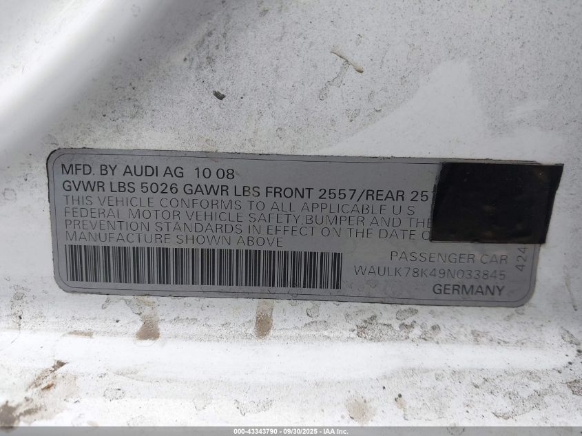 2009 Audi A4 3.2 Premium Plus VIN: WAULK78K49N033845 Lot: 43343790
