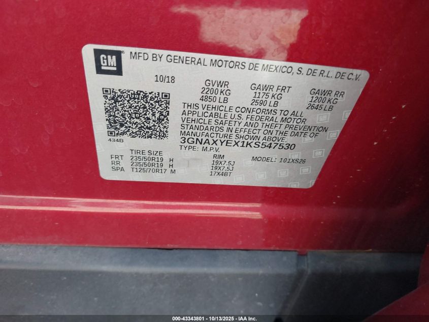 2019 Chevrolet Equinox Premier VIN: 3GNAXYEX1KS547530 Lot: 43343801