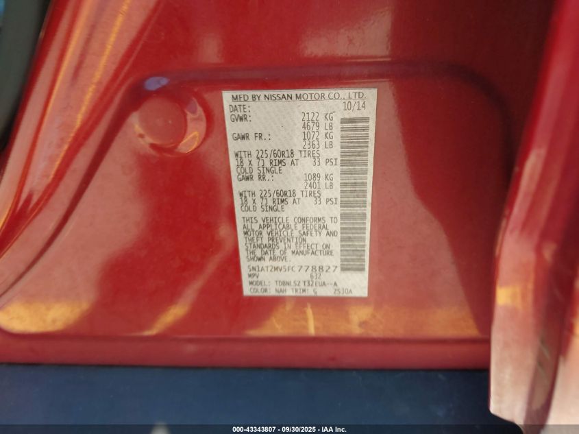 2015 Nissan Rogue Sl VIN: 5N1AT2MV5FC778827 Lot: 43343807