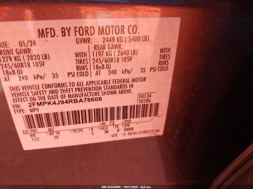 2024 Ford Edge Sel VIN: 2FMPK4J94RBA78608 Lot: 43343809