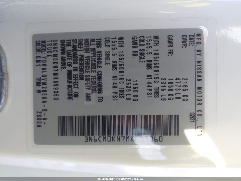 2021 Nissan Nv200 Cargo Sv Xtronic Cvt VIN: 3N6CM0KN7MK699360 Lot: 43343817