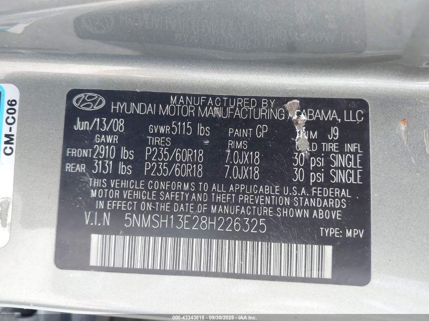 2008 Hyundai Santa Fe Limited/Se VIN: 5NMSH13E28H226325 Lot: 43343818