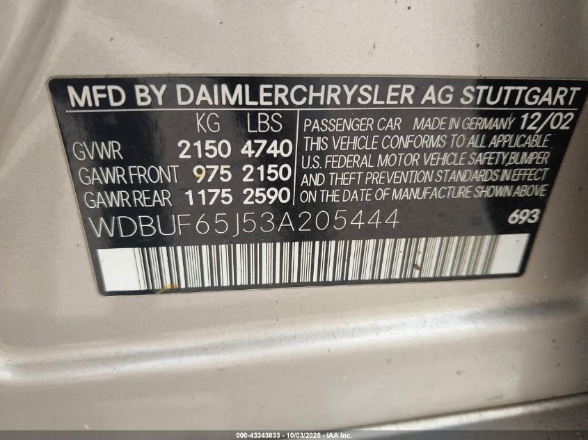 2003 Mercedes-Benz E 320 VIN: WDBUF65J53A205444 Lot: 43343833