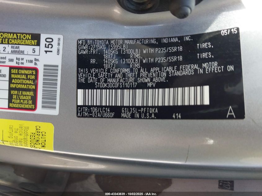 2015 Toyota Sienna Xle 7 Passenger VIN: 5TDDK3DC0FS110117 Lot: 43343839