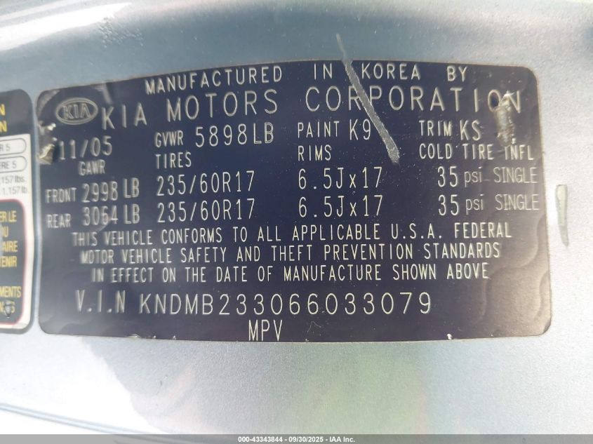 2006 Kia Sedona Ex/Lx VIN: KNDMB233066033079 Lot: 43343844