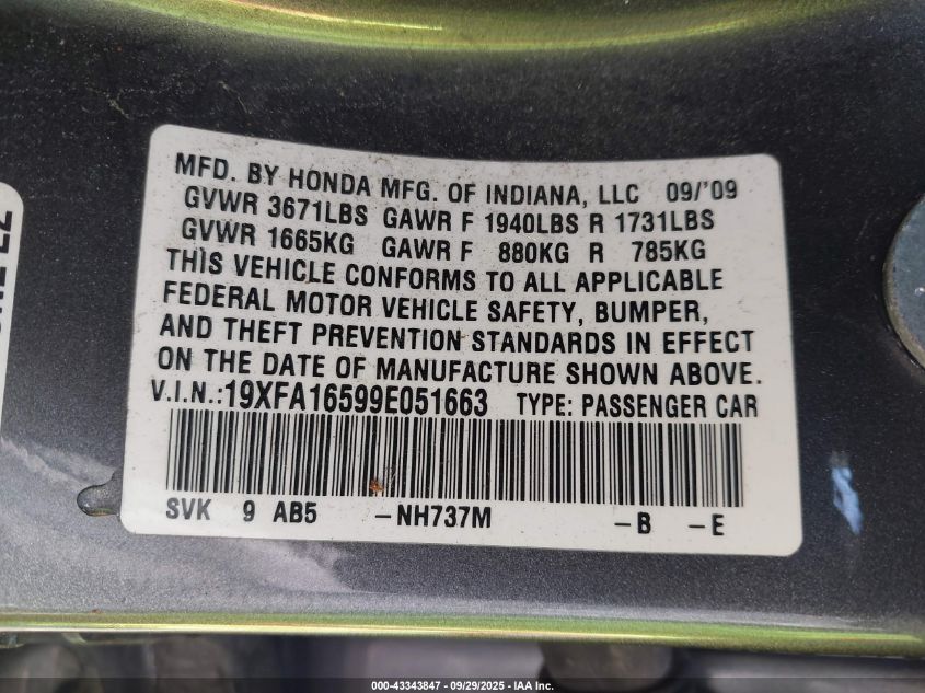 2009 Honda Civic Lx VIN: 19XFA16599E051663 Lot: 43343847