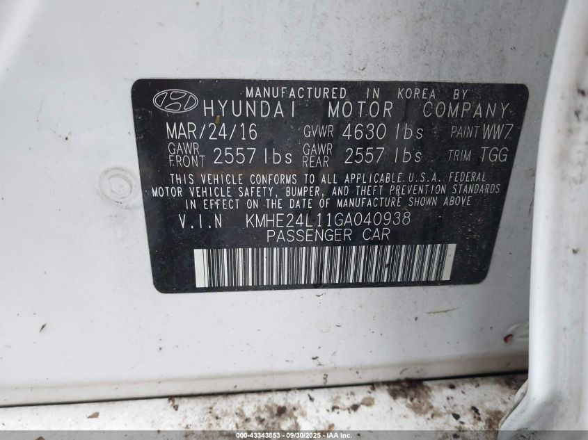 2016 Hyundai Sonata Hybrid Se VIN: KMHE24L11GA040938 Lot: 43343853