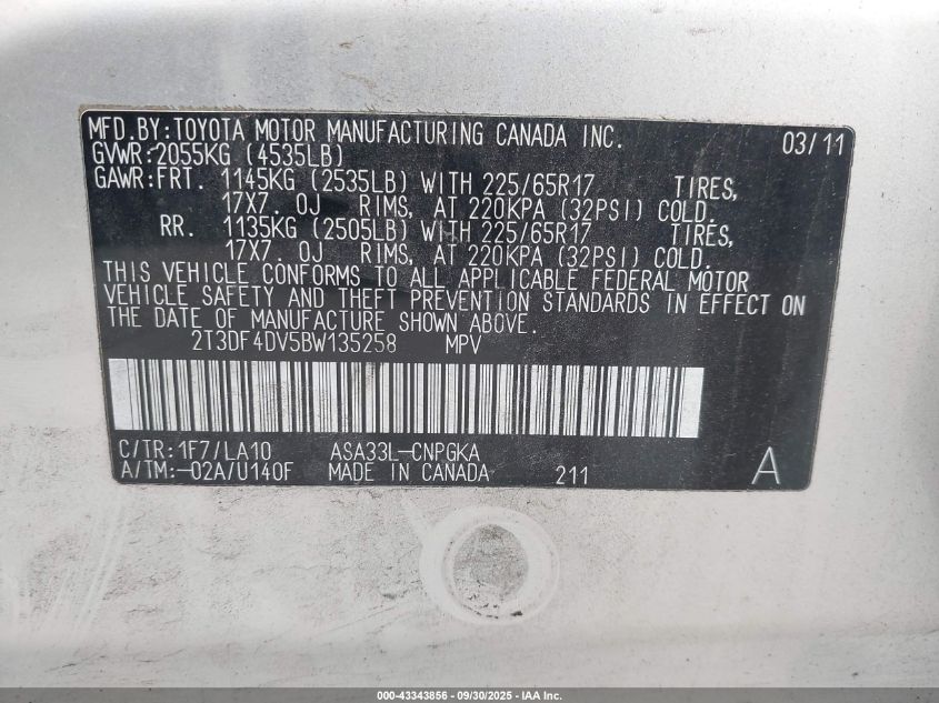 2011 Toyota Rav4 Limited VIN: 2T3DF4DV5BW135258 Lot: 43343856