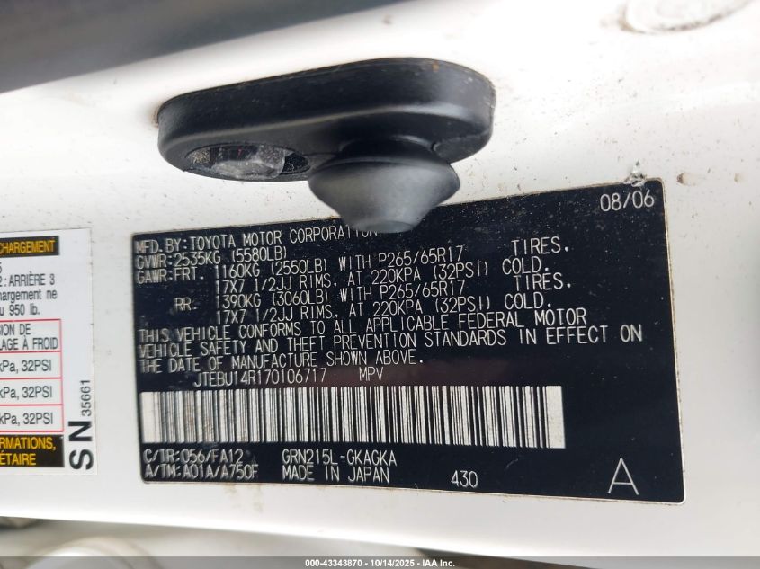 2007 Toyota 4Runner Sr5 V6 VIN: JTEBU14R170106717 Lot: 43343870