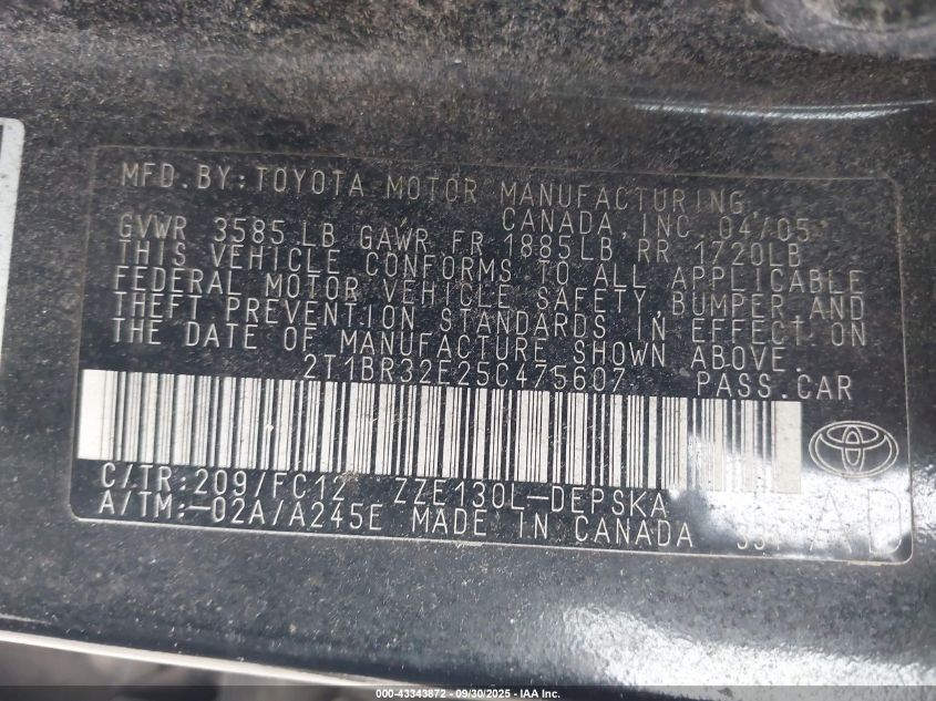 2005 Toyota Corolla S VIN: 2T1BR32E25C475607 Lot: 43343872