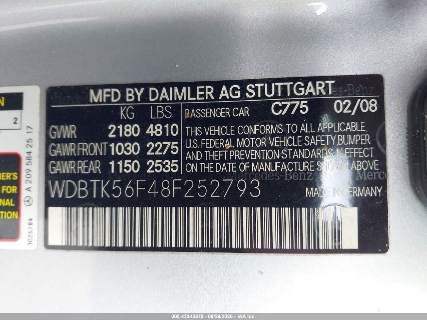 2008 Mercedes-Benz Clk 350 VIN: WDBTK56F48F252793 Lot: 43343879