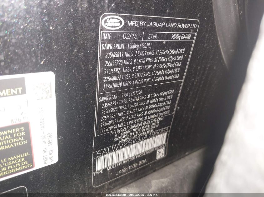 2018 Land Rover Range Rover Sport Hse Dynamic VIN: SALWV2SV3JA195063 Lot: 43343880