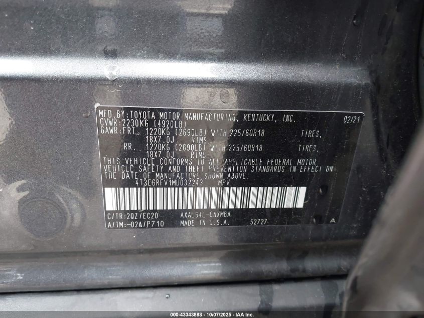 2021 Toyota Rav4 Hybrid Xse VIN: 4T3E6RFV1MU032243 Lot: 43343888