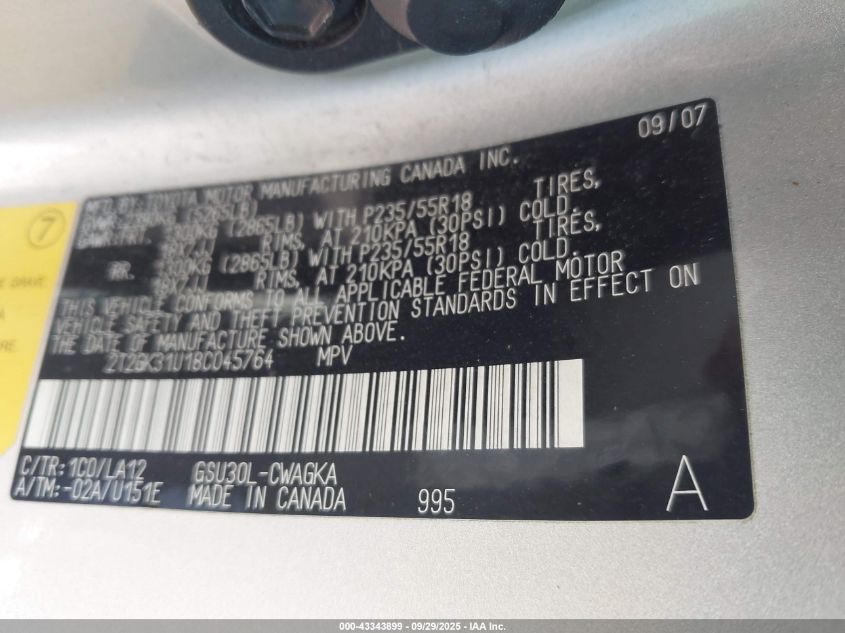 2008 Lexus Rx 350 VIN: 2T2GK31U18C045764 Lot: 43343899