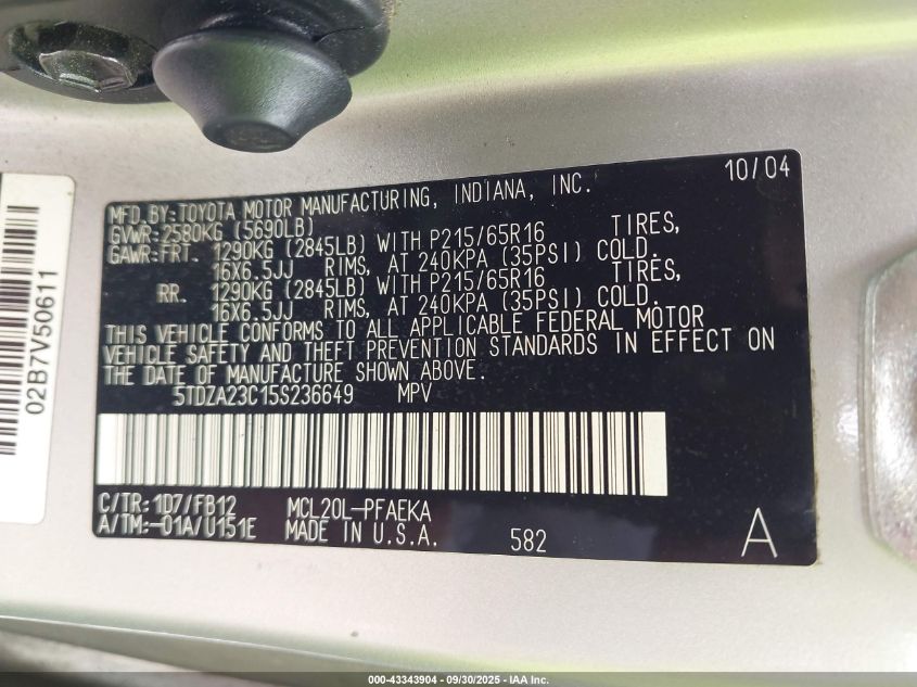 2005 Toyota Sienna Le VIN: 5TDZA23C15S236649 Lot: 43343904