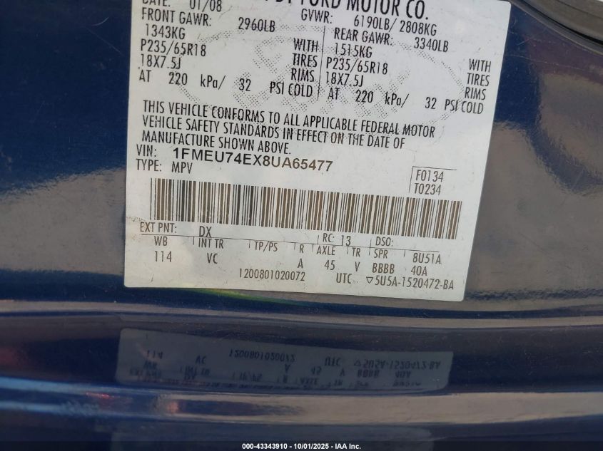 2008 Ford Explorer Eddie Bauer VIN: 1FMEU74EX8UA65477 Lot: 43343910