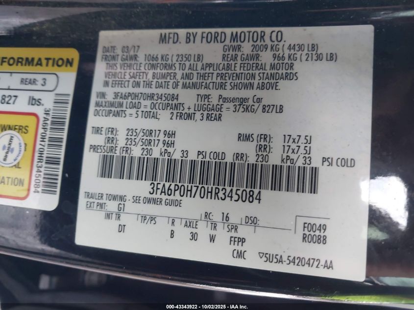 2017 Ford Fusion Se VIN: 3FA6P0H70HR345084 Lot: 43343922