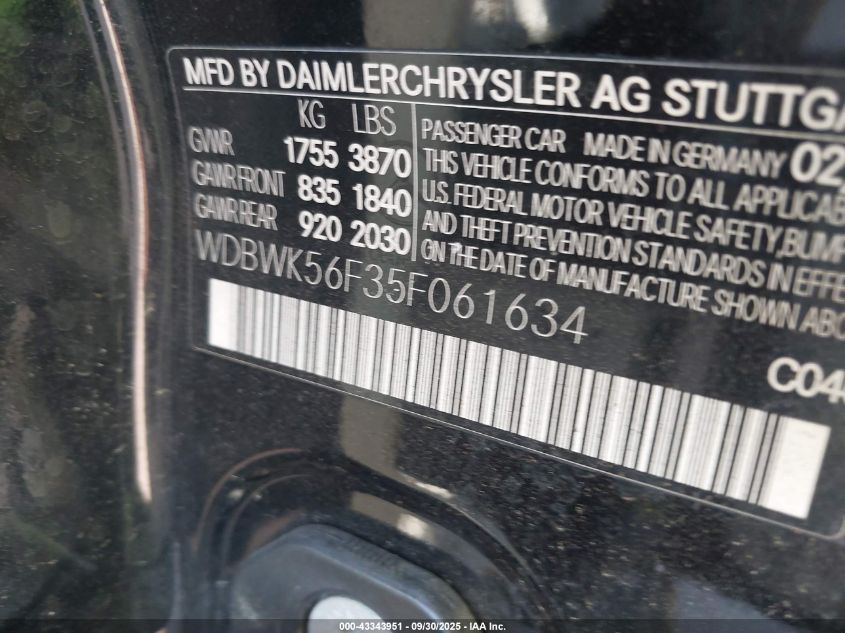 2005 Mercedes-Benz Slk 350 VIN: WDBWK56F35F061634 Lot: 43343951