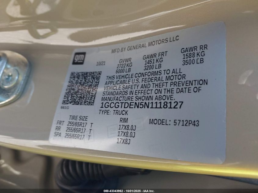 2022 Chevrolet Colorado VIN: 1GCGTDEN5N1118127 Lot: 43343962