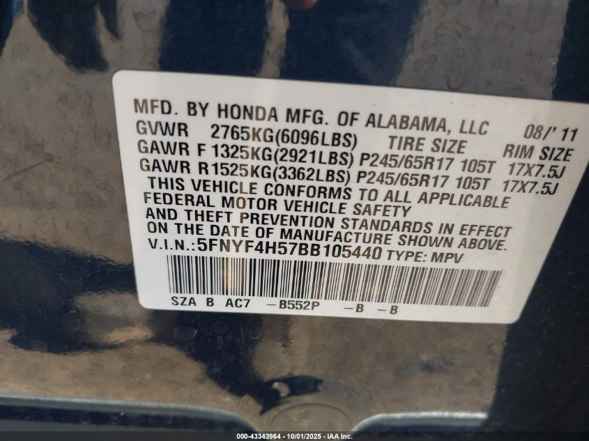 2011 Honda Pilot Ex-L VIN: 5FNYF4H57BB105440 Lot: 43343964