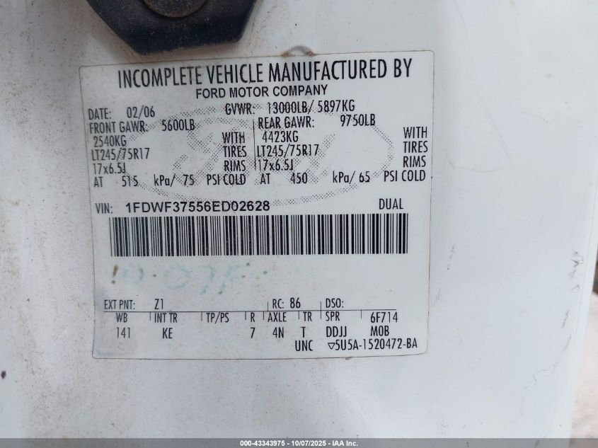 2006 Ford F-350 Chassis Xl/Xlt VIN: 1FDWF37556ED02628 Lot: 43343975