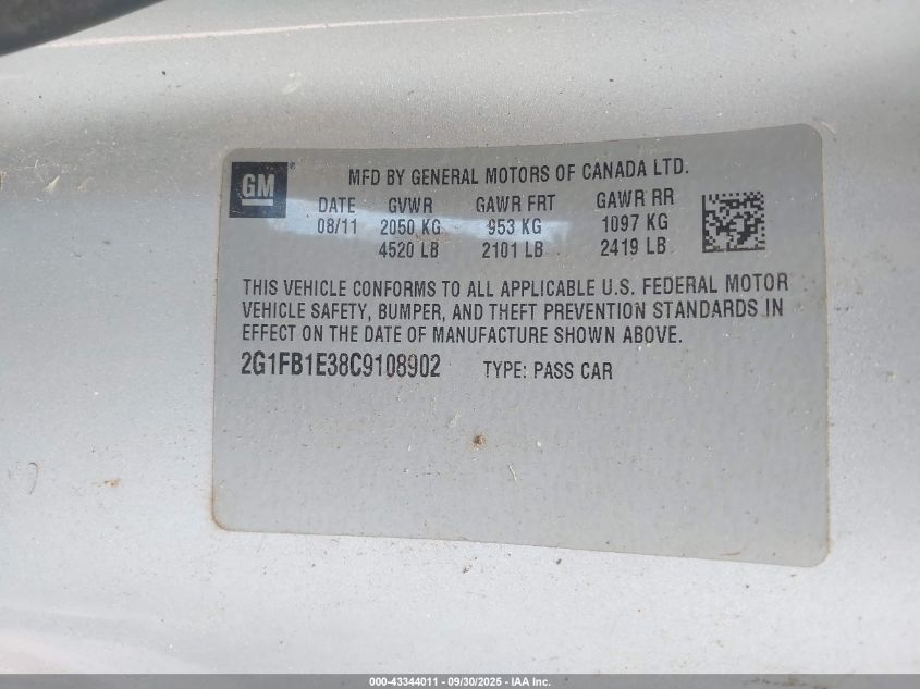 2012 Chevrolet Camaro 1Lt VIN: 2G1FB1E38C9108902 Lot: 43344011