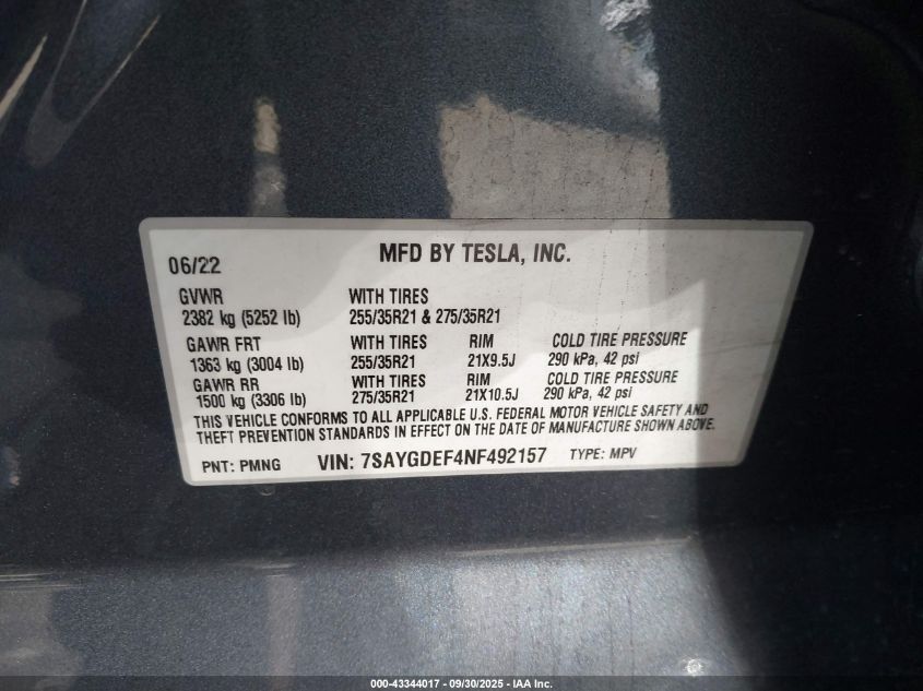 2022 Tesla Model Y Performance Dual Motor All-Wheel Drive VIN: 7SAYGDEF4NF492157 Lot: 43344017