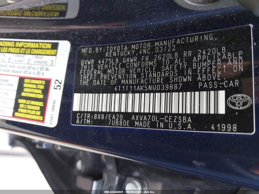 2022 Toyota Camry Se VIN: 4T1T11AK5NU039887 Lot: 43344041