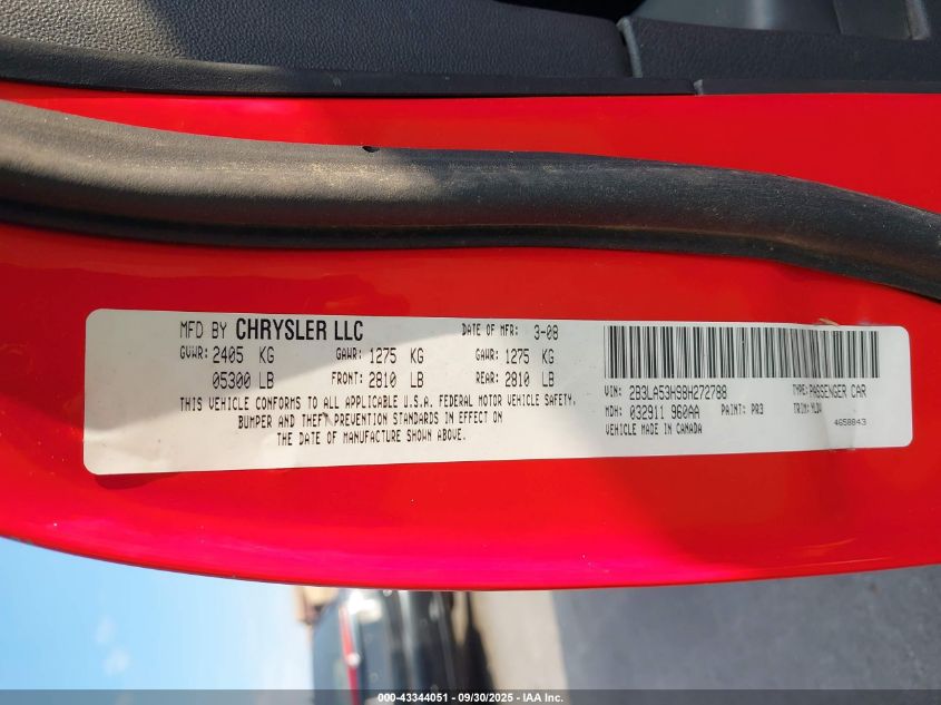 2008 Dodge Charger R/T VIN: 2B3LA53H98H272788 Lot: 43344051