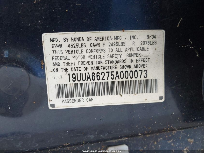 2005 Acura Tl VIN: 19UUA66275A000073 Lot: 43344055