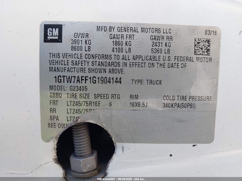 2016 GMC Savana 2500 Work Van VIN: 1GTW7AFF1G1904144 Lot: 43344057