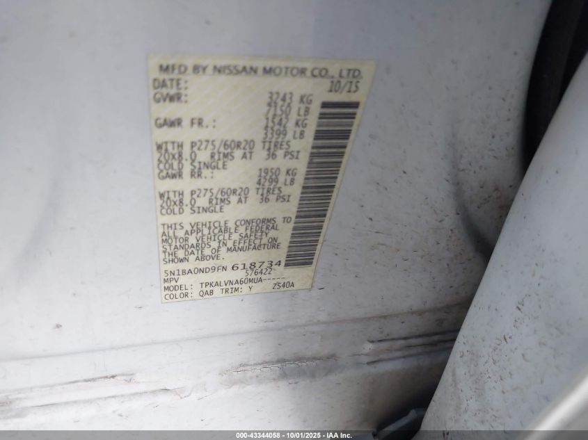 2015 Nissan Armada Sl VIN: 5N1BA0ND9FN618734 Lot: 43344058
