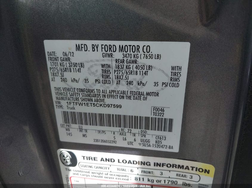 2012 Ford F-150 Xlt VIN: 1FTFW1ET5CKD97599 Lot: 43344070