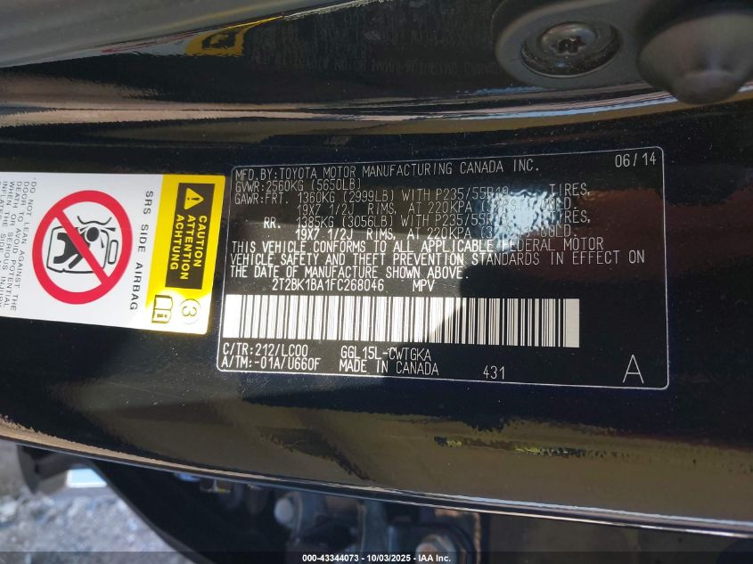 2015 Lexus Rx 350 VIN: 2T2BK1BA1FC268046 Lot: 43344073