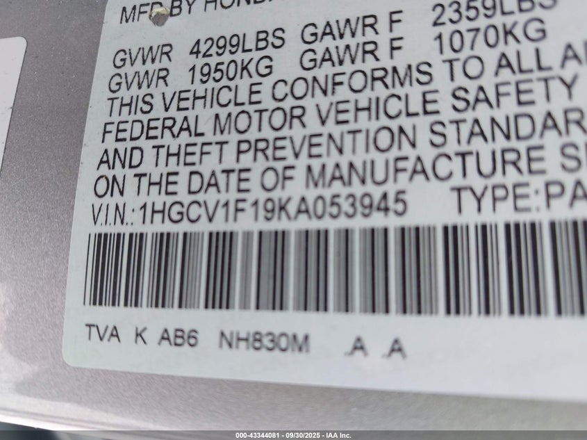 1HGCV1F19KA053945 2019 HONDA ACCORD photo no. 9
